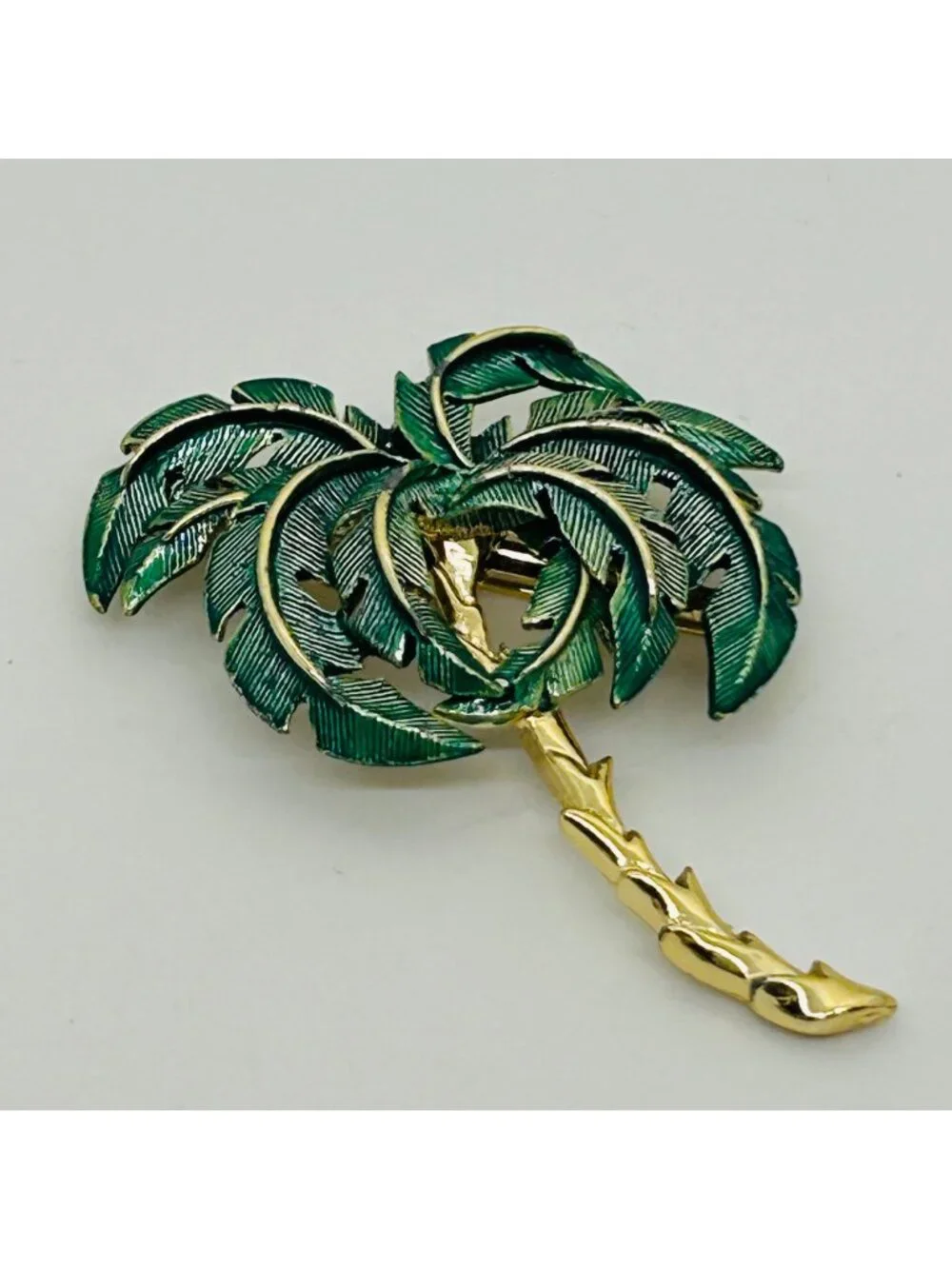 Vintage Palm Tree Brooch Green Enamel Gold Pin Beach Cruise Tropical Vacation